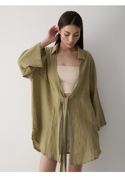 Kadın Pamuklu Haki Flam Keten Kimono