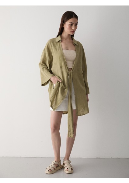 Kadın Pamuklu Haki Flam Keten Kimono