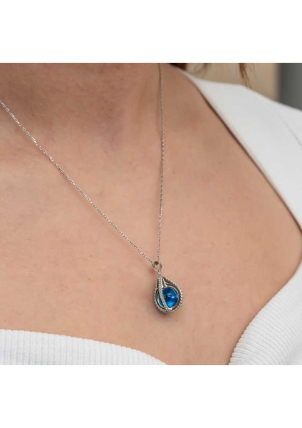 Gümüş Mavi Zirkon Taşlı Küre Kadın Kolye modelleri