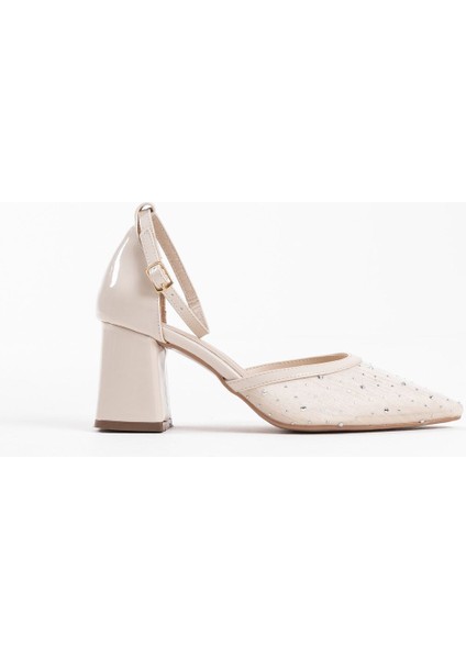 Modaserdem Borie Bej Tekstil Kumaş Taşlı Kadın Topuklu Ayakkabı