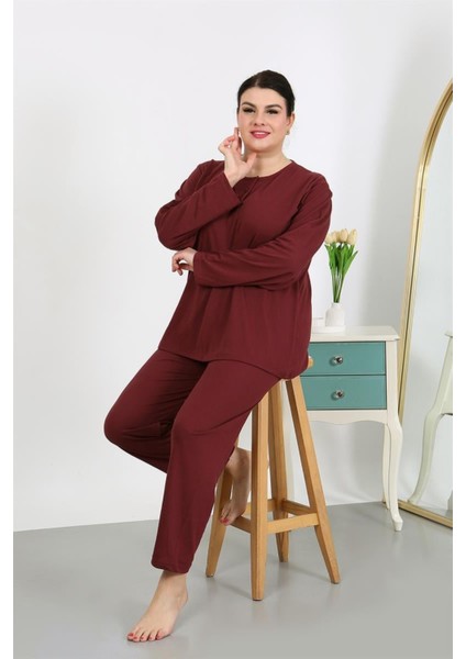 Kadın Büyük Beden Uzun Kol Penye Pijama Takımı Bordo modelleri