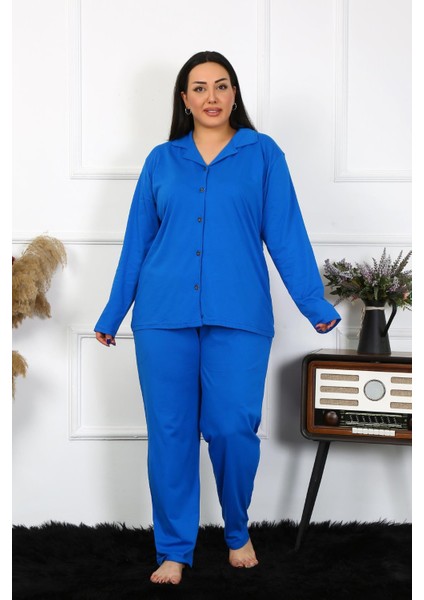 Kadın Büyük Beden Pamuklu Cepli Düğmeli Saks Pijama Takım fiyatları