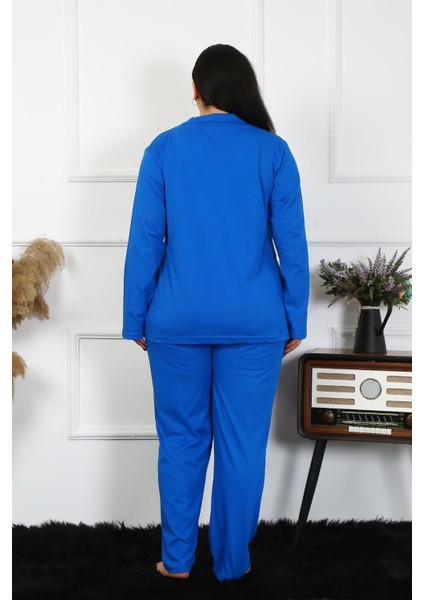 Kadın Büyük Beden Pamuklu Cepli Düğmeli Saks Pijama Takım modelleri