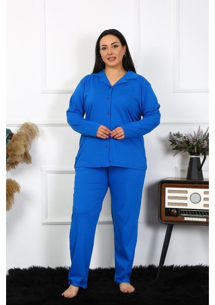 Kadın Büyük Beden Pamuklu Cepli Düğmeli Saks Pijama Takım fırsatları