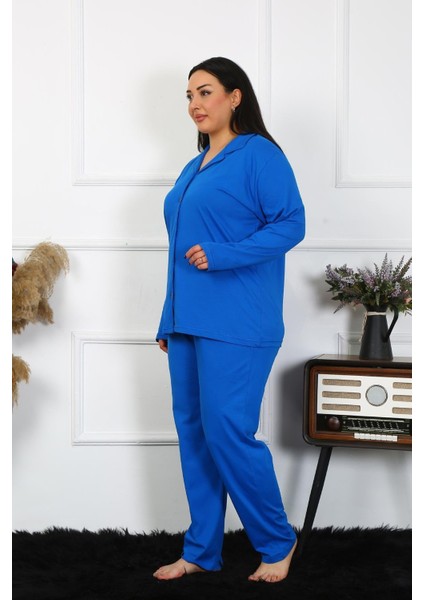 Kadın Büyük Beden Pamuklu Cepli Düğmeli Saks Pijama Takım indirimleri