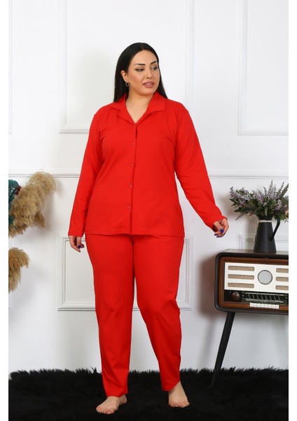 Kadın Büyük Beden Pamuklu Cepli Düğmeli Kırmızı Pijama Takım