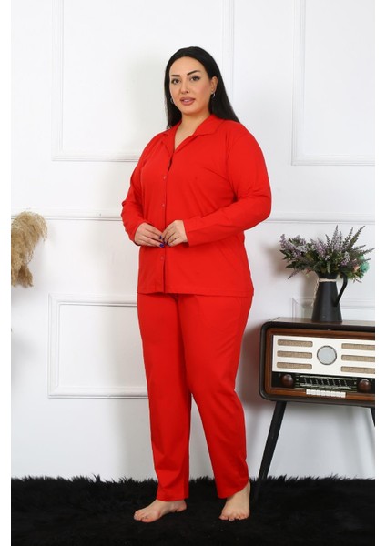 Kadın Büyük Beden Pamuklu Cepli Düğmeli Kırmızı Pijama Takım modelleri