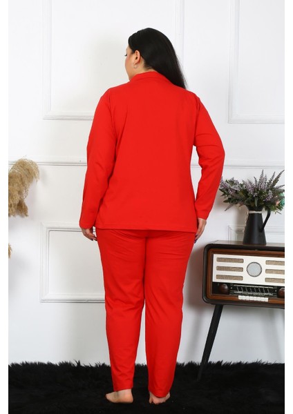 Kadın Büyük Beden Pamuklu Cepli Düğmeli Kırmızı Pijama Takım indirimleri