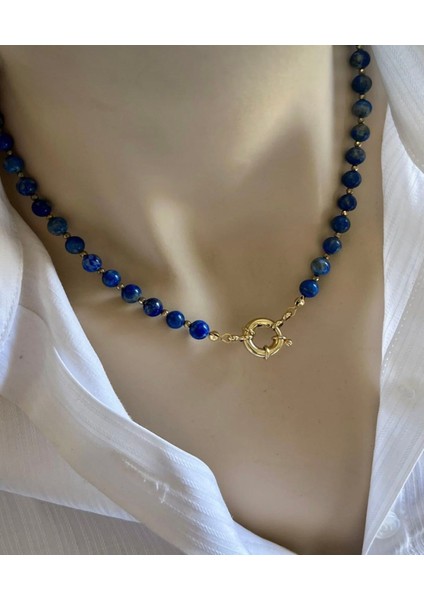Lapis Lazuli 6 mm Kolye Altın Kaplama Gemici Kilit