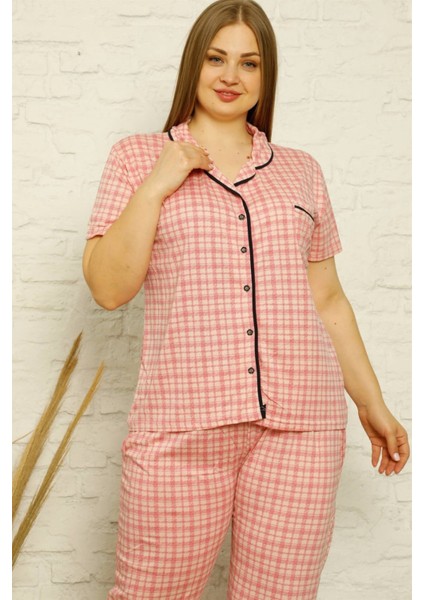 Kadın Pamuklu Cepli Kısa Kol Büyük Beden Pijama Takım NS0249
