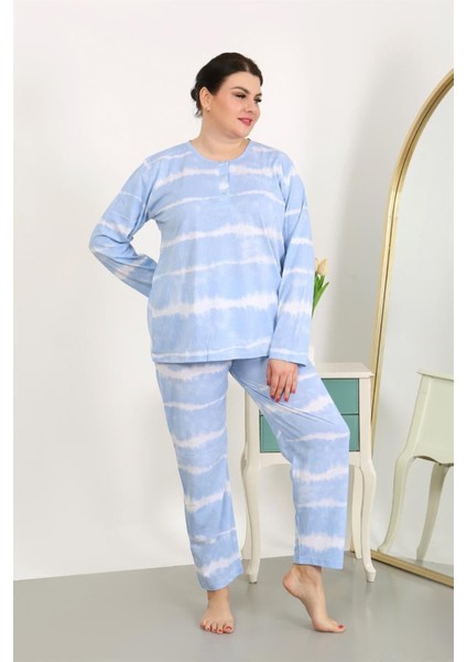 Kadın Büyük Beden Uzun Kol Penye Pijama Takımı Mavi