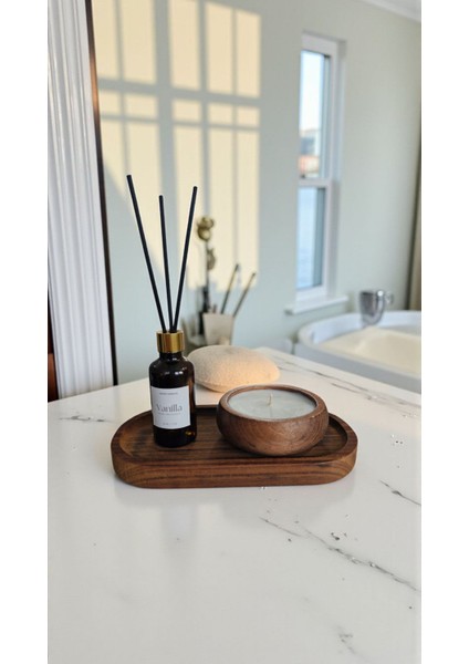 -Vanilya-Kokulu Mum-Kahverengi-Vanilya Mum&koku Set-Ahşap Tabak Pamuk Fitil Bambu Oda Kokusu (50 Ml)