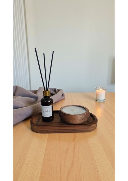 -Vanilya-Kokulu Mum-Kahverengi-Vanilya Mum&koku Set-Ahşap Tabak Pamuk Fitil Bambu Oda Kokusu (50 Ml) fiyatları