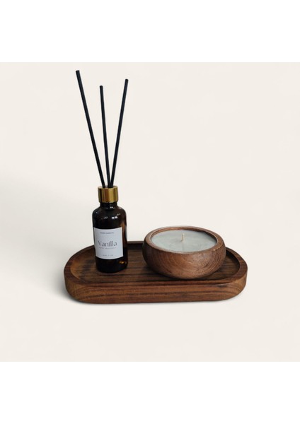 -Vanilya-Kokulu Mum-Kahverengi-Vanilya Mum&koku Set-Ahşap Tabak Pamuk Fitil Bambu Oda Kokusu (50 Ml) modelleri