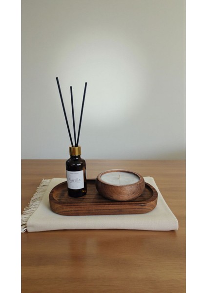 -Vanilya-Kokulu Mum-Kahverengi-Vanilya Mum&koku Set-Ahşap Tabak Pamuk Fitil Bambu Oda Kokusu (50 Ml)