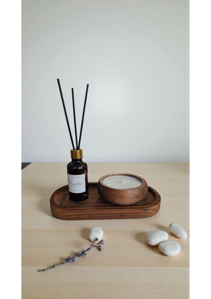 -Vanilya-Kokulu Mum-Kahverengi-Vanilya Mum&koku Set-Ahşap Tabak Pamuk Fitil Bambu Oda Kokusu (50 Ml)