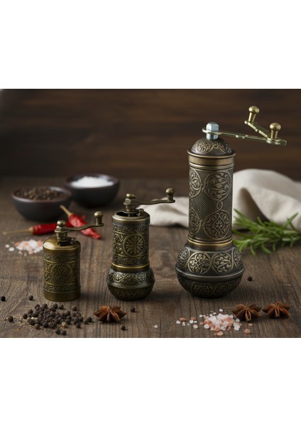 Zamak Metal Antik Renk 3 Lü Set Karabiber,kahve,çörek Otu El Değirmeni Öğütücü Grinder