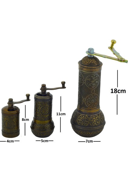 Zamak Metal Antik Renk 3 Lü Set Karabiber,kahve,çörek Otu El Değirmeni Öğütücü Grinder
