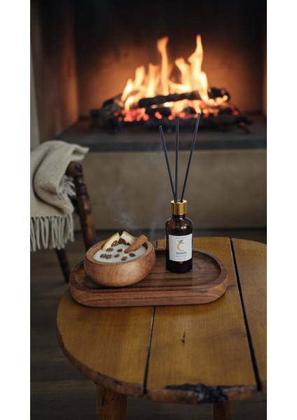 -Portakal-Kokulu Mum-Kahverengi-Portakal Mum&koku Set-Ahşap Tabak Pamuk Fitil Bambu Oda Kokusu (50 Ml) Tarçın-Kahve