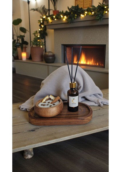 -Portakal-Kokulu Mum-Kahverengi-Portakal Mum&koku Set-Ahşap Tabak Pamuk Fitil Bambu Oda Kokusu (50 Ml) Tarçın-Kahve