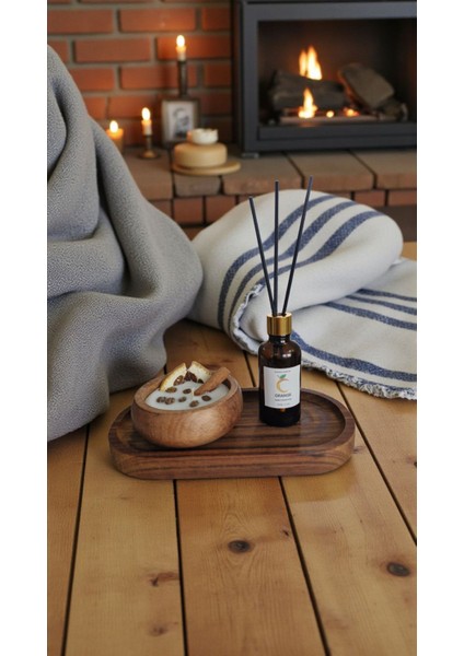 -Portakal-Kokulu Mum-Kahverengi-Portakal Mum&koku Set-Ahşap Tabak Pamuk Fitil Bambu Oda Kokusu (50 Ml) Tarçın-Kahve