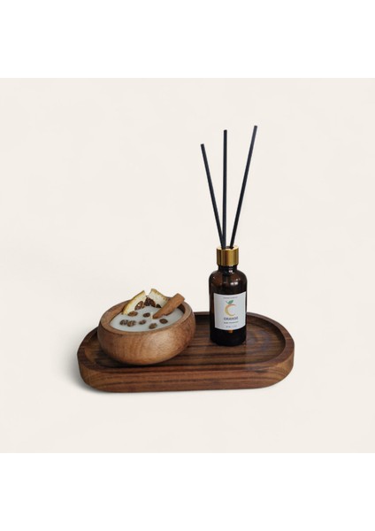 -Portakal-Kokulu Mum-Kahverengi-Portakal Mum&koku Set-Ahşap Tabak Pamuk Fitil Bambu Oda Kokusu (50 Ml) Tarçın-Kahve