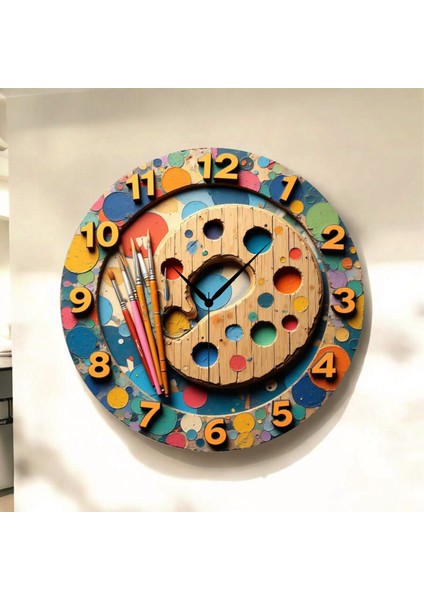 Renkli Baskı Desenli Sayılı Hediyelik Ahşap Sessiz Tablo Duvar Saati