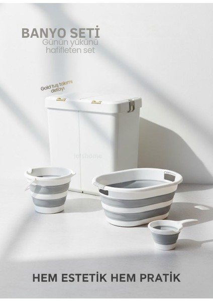 4’lü Katlanabilir Çamaşır Sepeti Seti – 80 Litre Gold/beyaz Kirli Sepeti, Sele, Su Kovası ve Maşrapa modelleri