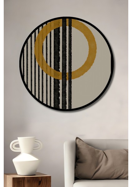 Dekoratif Ahşap Yuvarlak Çerçeve Görünümlü Tablo Geometrik Şeritler ve Çember