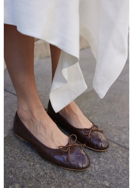 Fruta Kadın Kahverengi Örme Desen Gercek Deri Babet