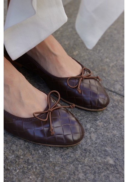 Fruta Kadın Kahverengi Örme Desen Gercek Deri Babet