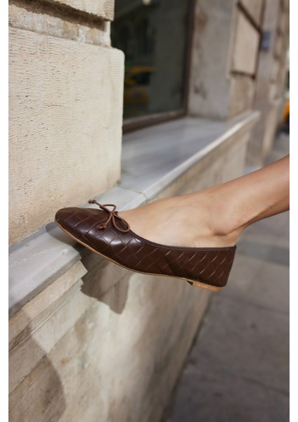 Fruta Kadın Kahverengi Örme Desen Gercek Deri Babet