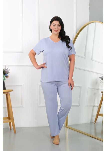 Kadın Büyük Beden Kısa Kol Penye Pijama Takımı Lila modelleri