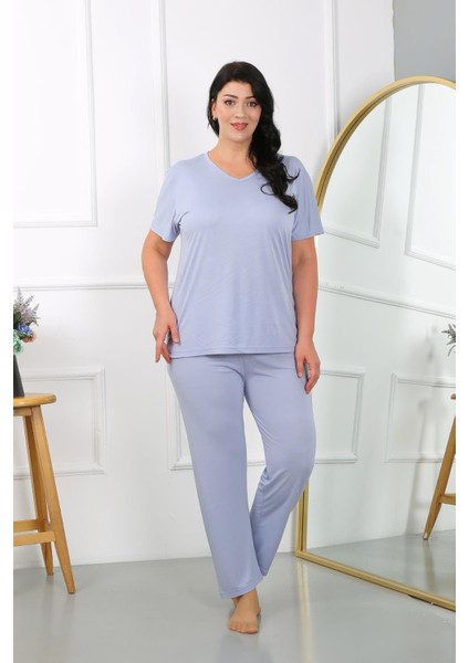 Kadın Büyük Beden Kısa Kol Penye Pijama Takımı Lila indirimleri