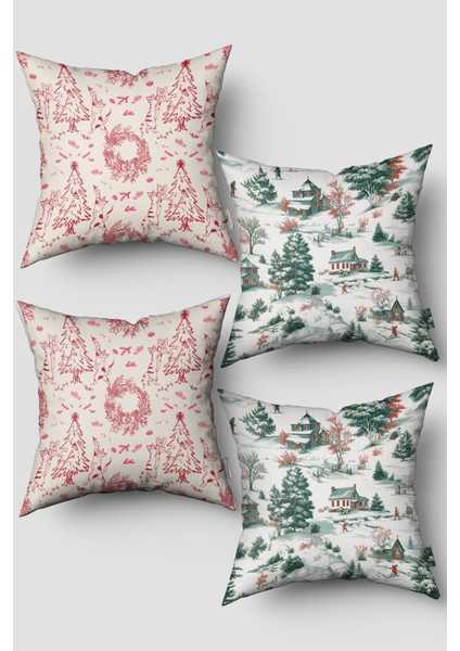 Kırmızı Yeşil Kedi ve Kış Temalı 4'lü Kırlent Kılıfı Seti