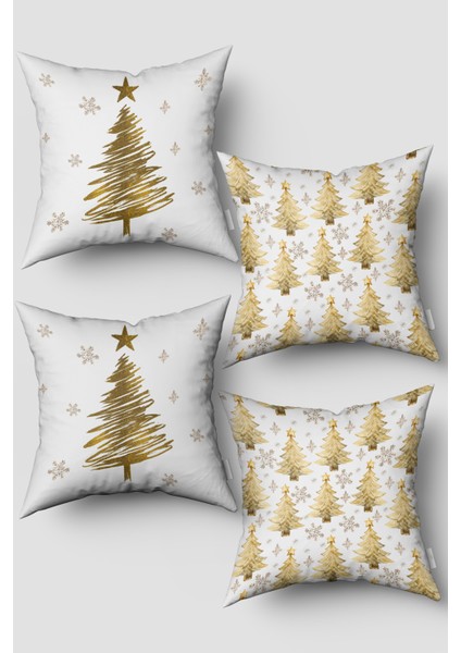 Noel Temalı Beyaz Işıltılı Sarı Çam Ağacı ve Kar Taneleri Yılbaşı 4'lü Kırlent Kılıfı Seti
