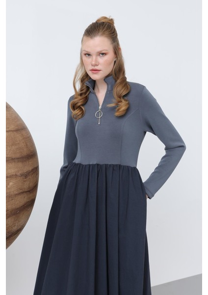 Kadın Beli Büzgülü Yakası Fermuar Detaylı Elbise - 20607ELB - Antrasit