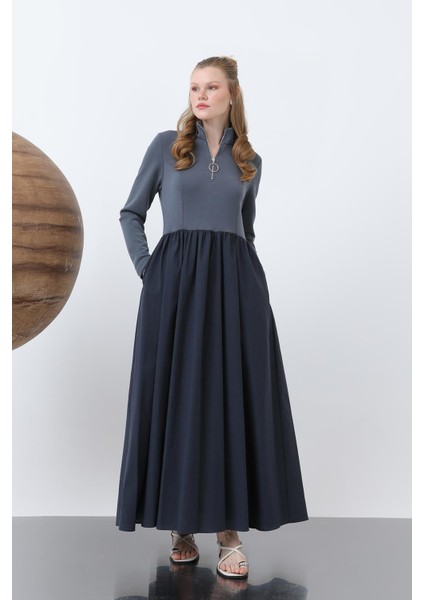 Kadın Beli Büzgülü Yakası Fermuar Detaylı Elbise - 20607ELB - Antrasit fiyatları