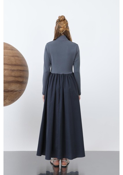 Kadın Beli Büzgülü Yakası Fermuar Detaylı Elbise - 20607ELB - Antrasit indirimleri