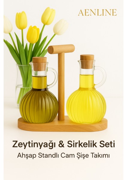 Ahşap Standlı Cam Yağlık Sirkelik Seti – Şık Mutfak Sunumluk 2’li Kapaklı Şişe Takımı