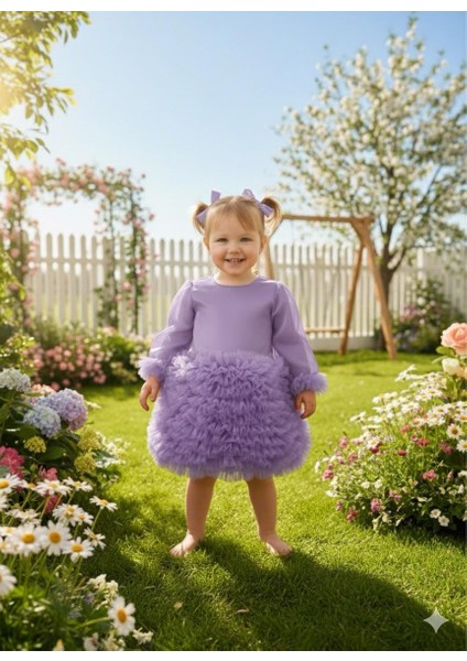 Kız Çocuk Elbise Party Balo Düğün Elbisesi Fır Fır Etek ve Kol Detaylı 1- 5 Yaş