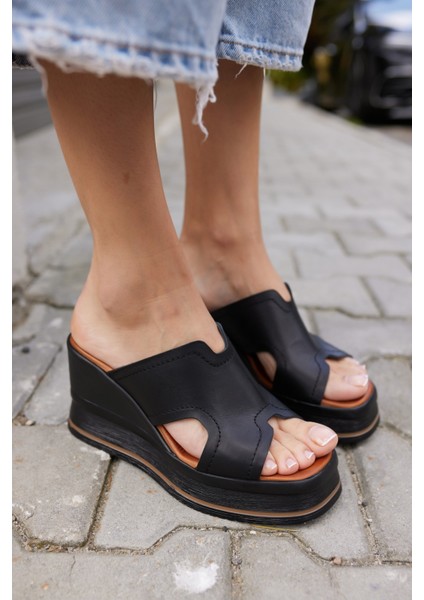 Evelın Kadın Sıyah Gercek Derı Dolgu Taban Terlıj