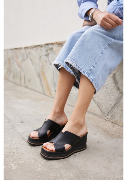 Evelın Kadın Sıyah Gercek Derı Dolgu Taban Terlıj