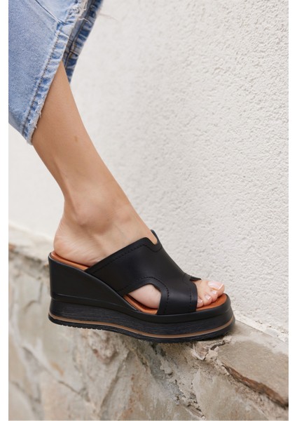 Evelın Kadın Sıyah Gercek Derı Dolgu Taban Terlıj