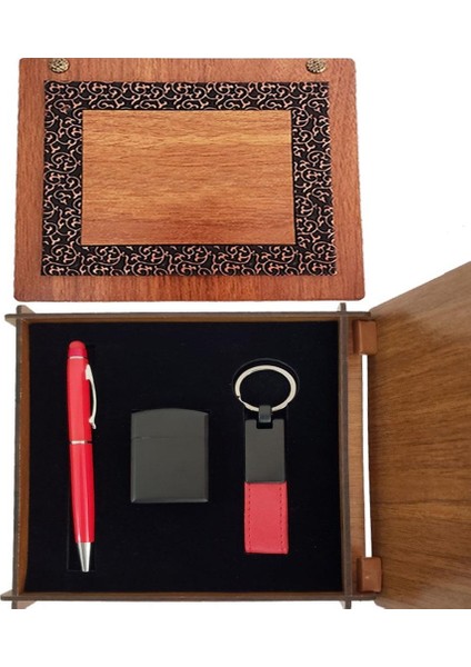 Ahşap Kutulu Kırmızı Kalem Anahtarlık Çakmak Set