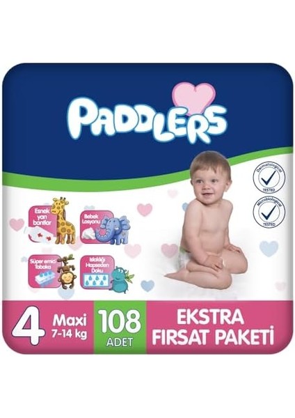 Paddlers Bebek Bezi 4 Numara Maxi 108 Adet (7-14 Kg) Ekstra Fırsat Paketi
