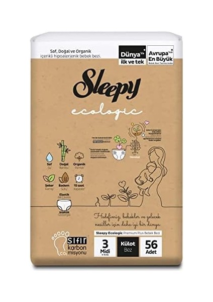 Sleepy Ecologic Ekonomik Paket Külot Bez 3 Numara Midi 56 Adet modelleri