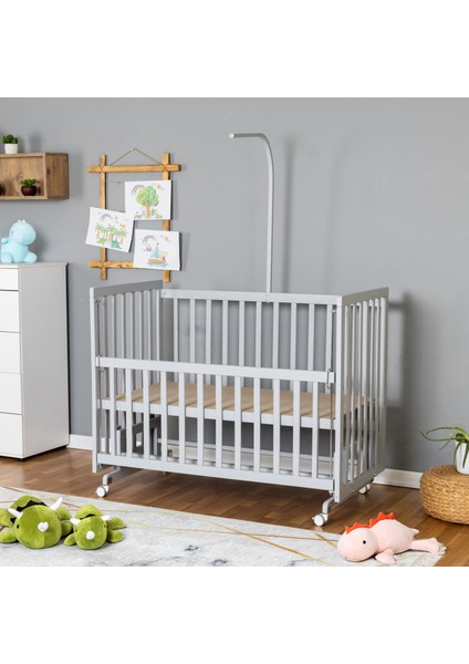 Ahşap Beşik Anne Yanı Beşik Gri 60X120 - Uyku Setsiz Yataksız + Tekerlekli