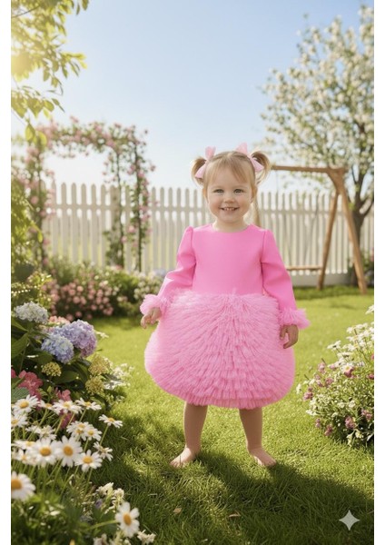 Kız Çocuk Elbise Party Balo Düğün Elbisesi Fır Fır Etek ve Kol Detaylı 1- 5 Yaş