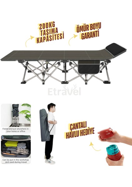 Katlanabilir Kamp Yatağı ve Plaj Şezlongu Kampet - Taşıma Çantalı Havlu Hediyeli cr-1176